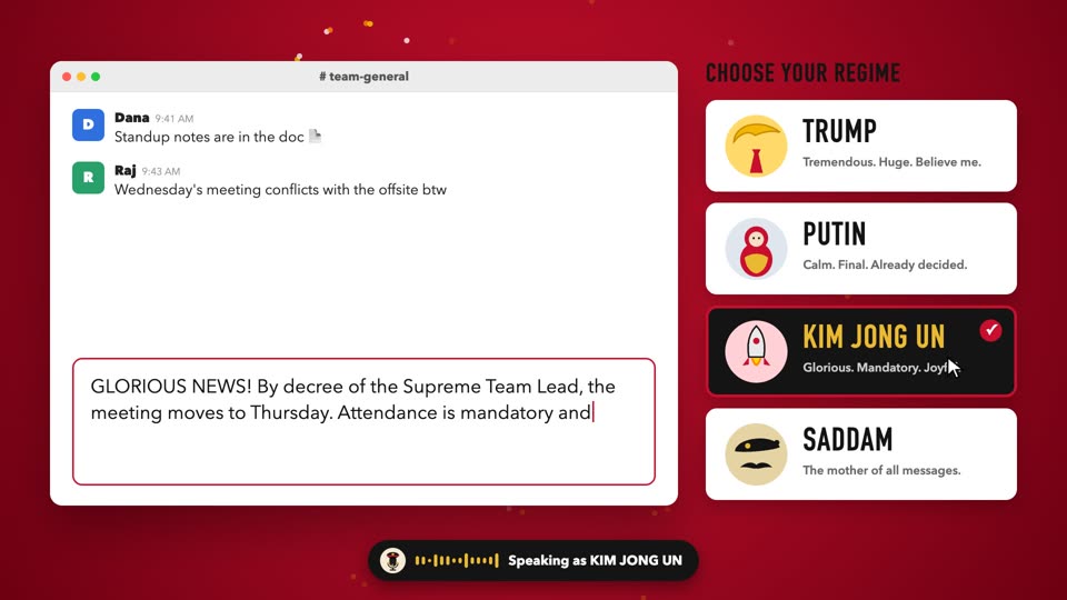 Kim Jong Un mode rewriting a message in the promo