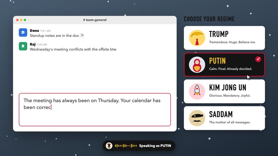 Putin mode rewriting a message in the promo